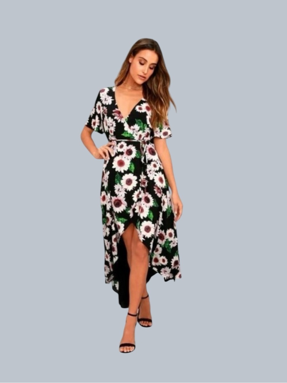 Lulus Flower Market Black Floral Print High-Low Wrap Dress Maxi S